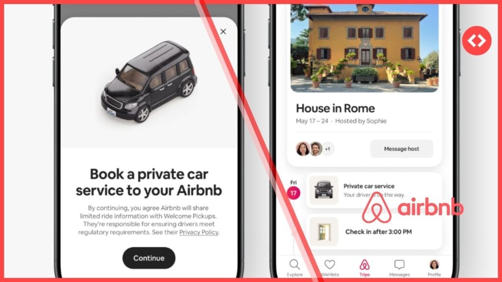 Airbnb app screenshots showing the Welcome Pickups private car service integration — booking prompt on the left, and the feature appearing inside the Trips itinerary view on the right, scheduled ahead of check-in