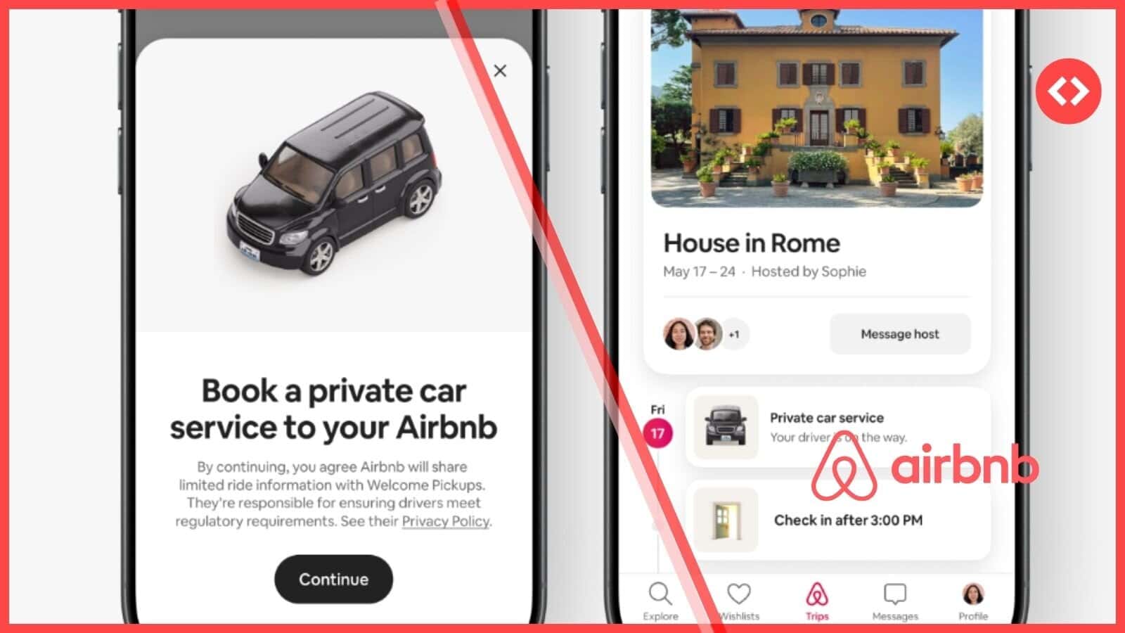 Airbnb app screenshots showing the Welcome Pickups private car service integration — booking prompt on the left, and the feature appearing inside the Trips itinerary view on the right, scheduled ahead of check-in