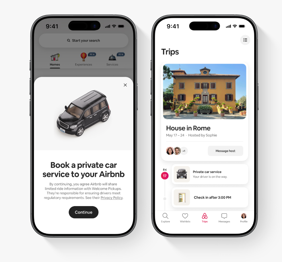 Airbnb app screenshots showing the Welcome Pickups private car service integration, including the booking prompt 'Book a private car service to your Airbnb' and the Trips view showing a private car service scheduled ahead of check-in