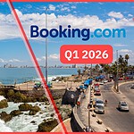 Hero image for Booking.com Q1 2026 results, showing a coastal travel scene with the Booking.com logo and Q1 2026 label.