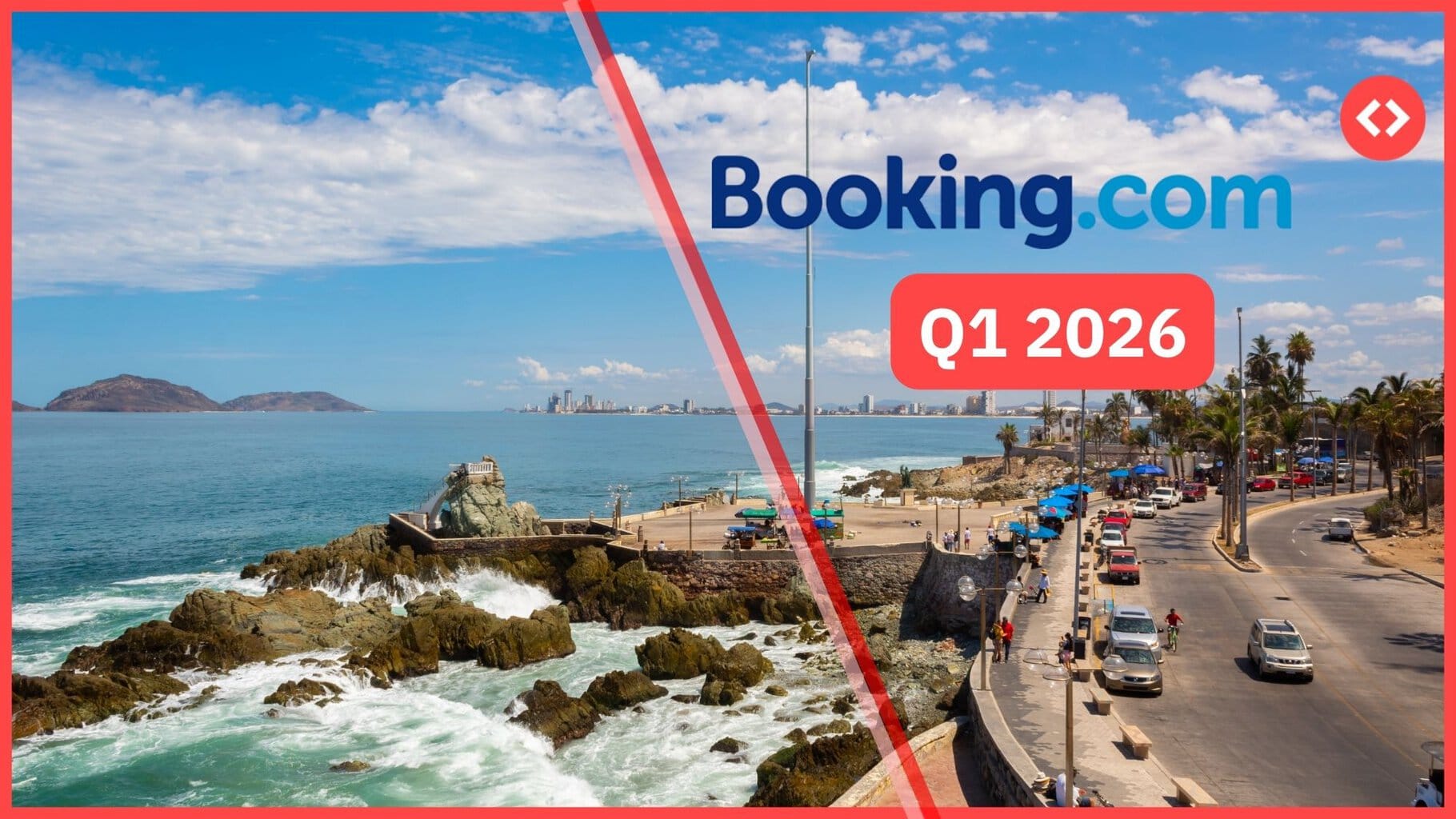 Hero image for Booking.com Q1 2026 results, showing a coastal travel scene with the Booking.com logo and Q1 2026 label.