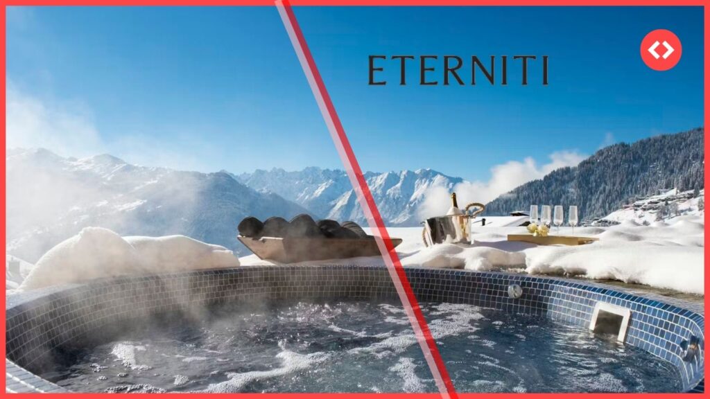 Eterniti luxury vacation rental portfolio: hot tub with Alpine mountain views at Verbier Exclusive Chalet Chouqui, Switzerland
