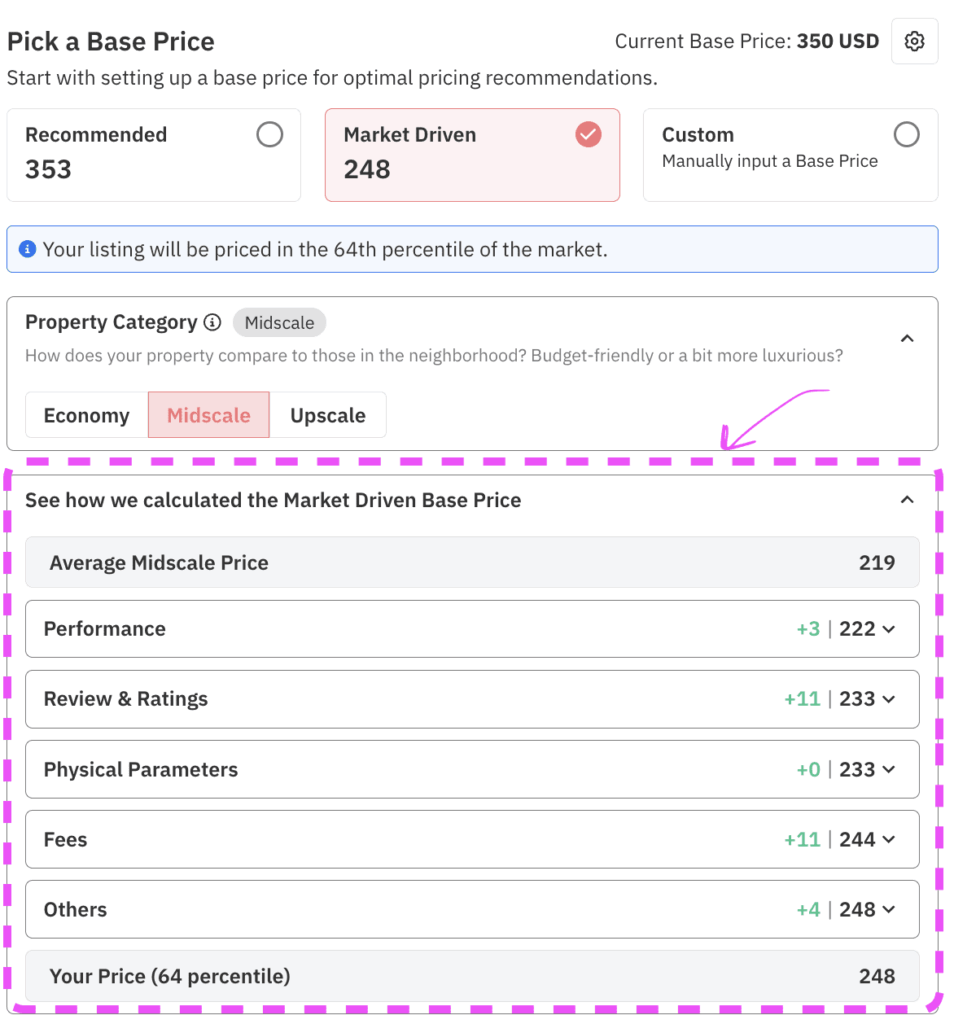 Dashboard view of PriceLabs Base Price Helper analyzing market amenities and cleaning fees for STR properties. Dashboard view of PriceLabs Base Price Helper analyzing market amenities and cleaning fees for STR properties.