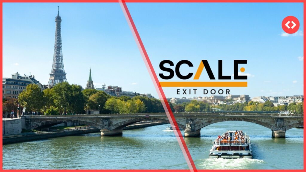 Scale Exit Door 2026 event branding over a Paris skyline with the Eiffel Tower and Seine, marking the France short-term rental consolidation meeting