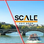 Scale Exit Door 2026 event branding over a Paris skyline with the Eiffel Tower and Seine, marking the France short-term rental consolidation meeting