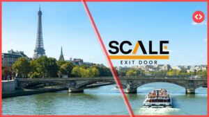 Scale Exit Door 2026 event branding over a Paris skyline with the Eiffel Tower and Seine, marking the France short-term rental consolidation meeting
