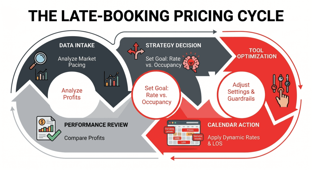 Cyclical feedback loop diagram for a late-booking short term rental pricing strategy 2026, covering data intake to performance review.
