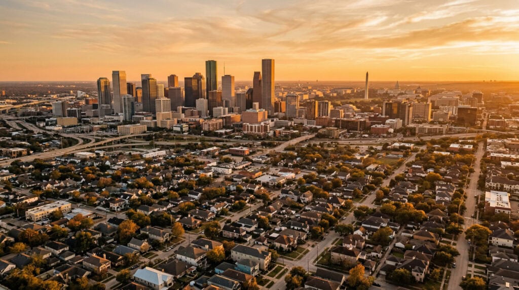 Aerial view of Houston and Washington DC residential neighbourhoods and skylines at golden hour — short-term rental regulations 2026