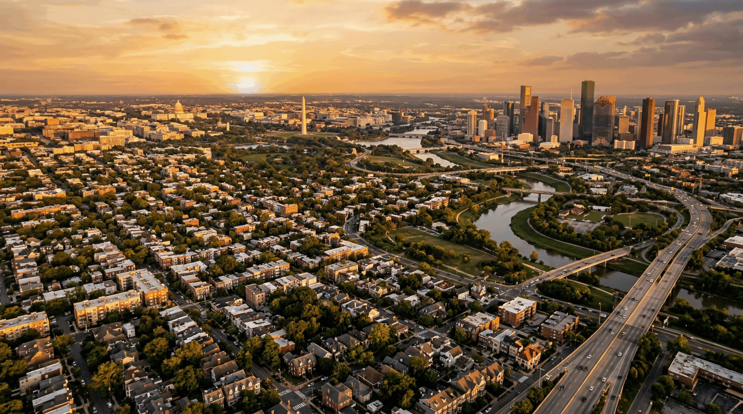 Aerial view of Houston and Washington DC residential neighbourhoods and skylines at golden hour — short-term rental regulations 2026