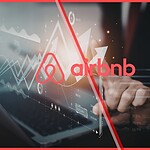 A business professional analyzing digital data charts overlaid with the Airbnb logo, representing hiring data predictions for the Airbnb 2026 summer release.
