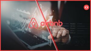 A business professional analyzing digital data charts overlaid with the Airbnb logo, representing hiring data predictions for the Airbnb 2026 summer release.