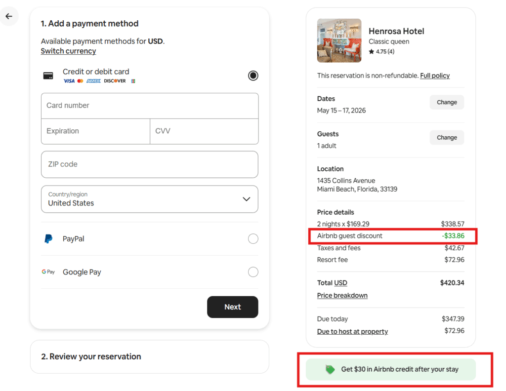 Airbnb hotel checkout for Henrosa Hotel Miami Beach showing Airbnb guest discount of -$33.86 and $30 Airbnb credit after stay — both mechanisms on one booking