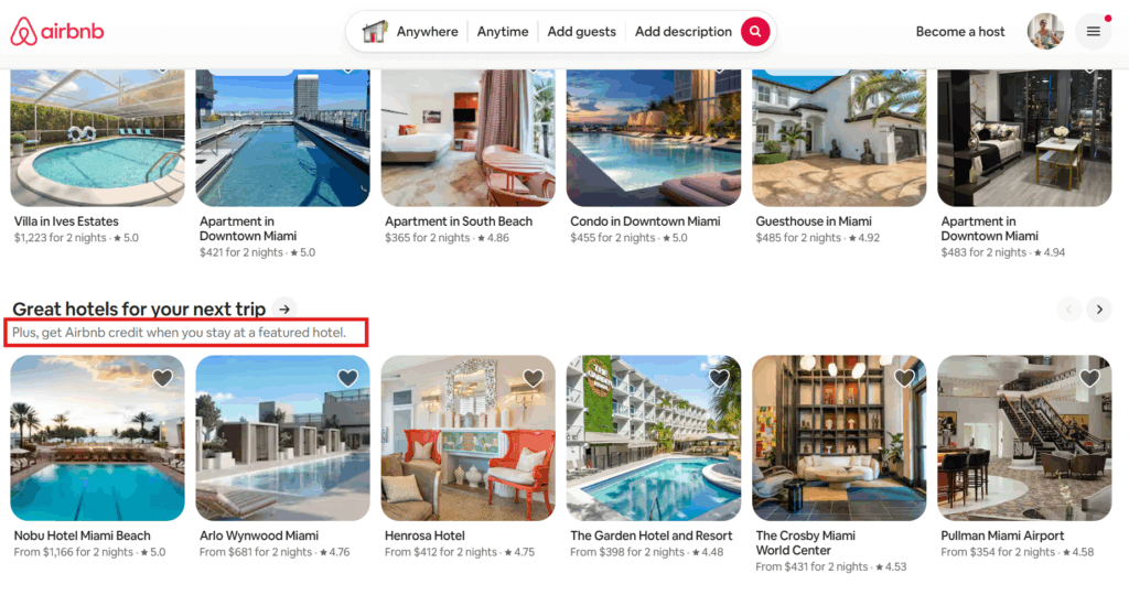 Airbnb homepage showing 'get Airbnb credit when you stay at a featured hotel' under Great Hotels section — ahead of May 20 Summer Release