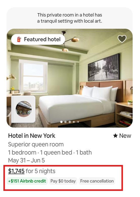 Airbnb featured hotel card in New York showing +$151 Airbnb credit on a $1,745 five-night stay — hotel credit badge visible from search results