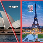 A side-by-side collage representing global short-term rental rules, featuring the New Jersey skyline, the Sydney Opera House with a red slash, and the Eiffel Tower in France.