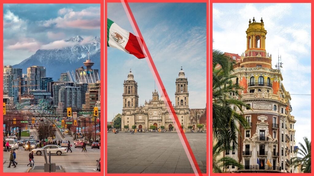 Composite photo of Vancouver, Mexico City, and Valencia skylines, used to represent global vacation rental regulations.