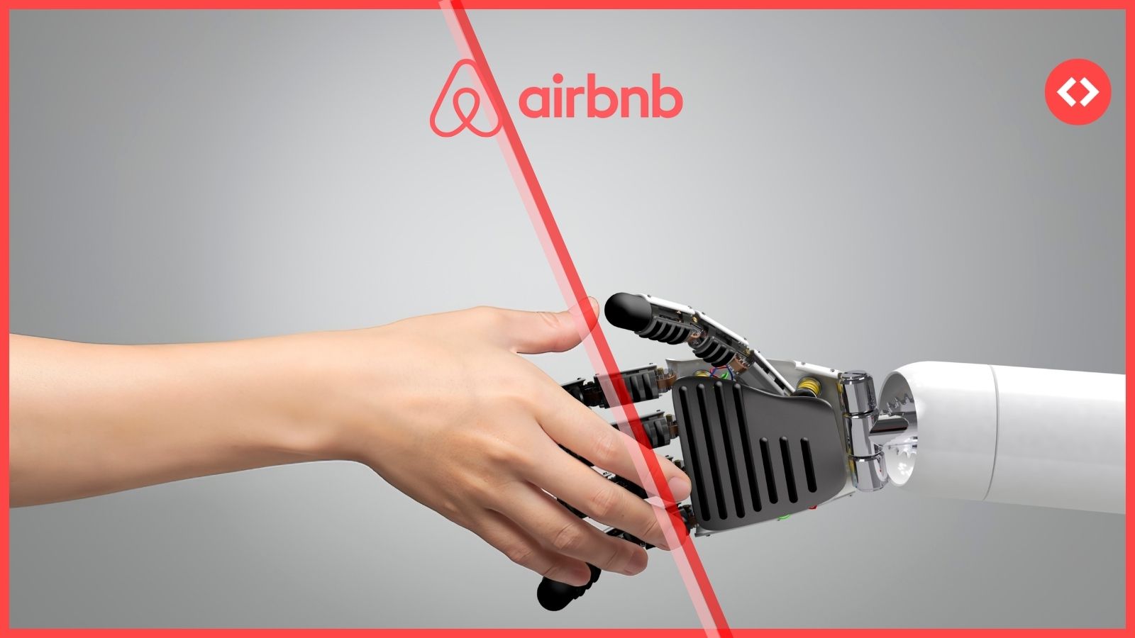 A human hand and a robotic hand reaching toward each other under the Airbnb logo, illustrating the new Airbnb AI strategy.