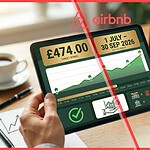 Close-up of a tablet displaying an Airbnb Host Rewards Challenge dashboard, highlighting a £474 bonus, summer 2026 dates, and property pacing data.