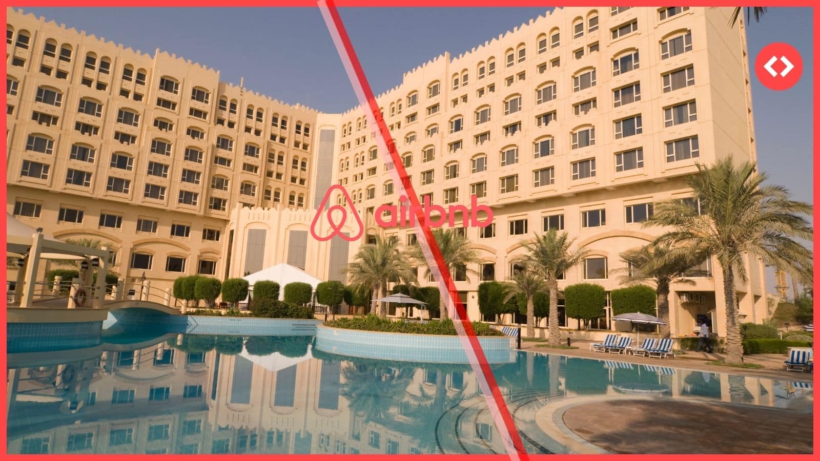 A photograph of a contemporary boutique hotel entrance featuring the pink Airbnb logo, symbolizing the new Airbnb hotel strategy to integrate independent hotel inventory.