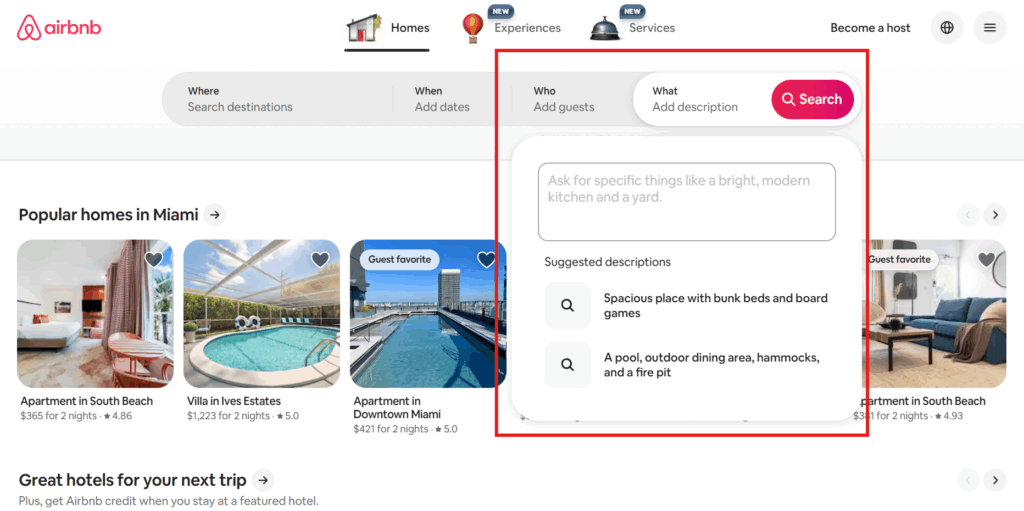 Screenshot of the new Airbnb natural language search interface, featuring a text box for custom prompts instead of traditional filters. This highlights the shift toward Airbnb AI search and factual Airbnb listing optimization.