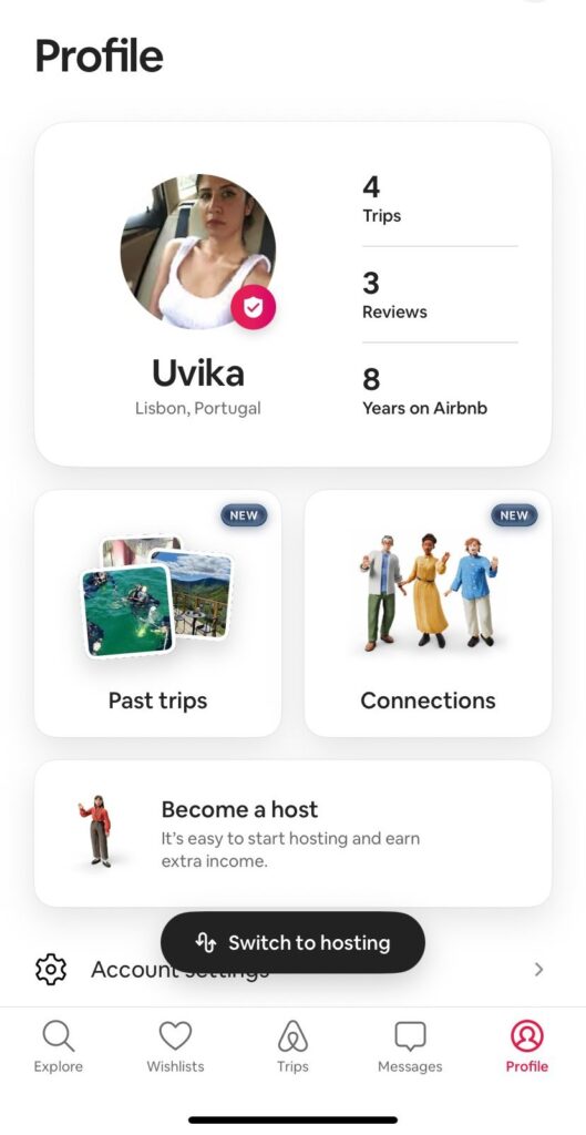 What Airbnb's WeRoad Deal and Hotels VP Hire Reveal About Its Social Network Plans 2 Airbnb Connections feature interface showing the Connections tab and Past Trips inside a guest profile, evidence of Airbnb's social network infrastructure.