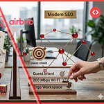 A visual comparison of 'Old SEO' vs. 'Modern SEO' for vacation rentals. The 'Old SEO' side features a 'RETIRED' stamp on keyword-stuffed papers in a vintage filing cabinet. The 'Modern SEO' side features a 3D network graph, a target labeled 'Guest Intent', and a hand arranging data blocks for specific, factual amenities like '200 Mbps Wi-Fi' and 'Ergo Workspace'. This visualizes the shift towards AI-readable Airbnb listings.