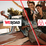 A diverse group of young adults sharing an outdoor dinner at a vacation rental, representing the social travel experience behind Airbnb's social network strategy and WeRoad investment.