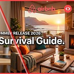 A split-panel featured image showing a modern Airbnb host dashboard (left) and a luxury vacation rental living room (right). Central text overlay reads: "AIRBNB SUMMER RELEASE 2026: The Host Survival Guide."