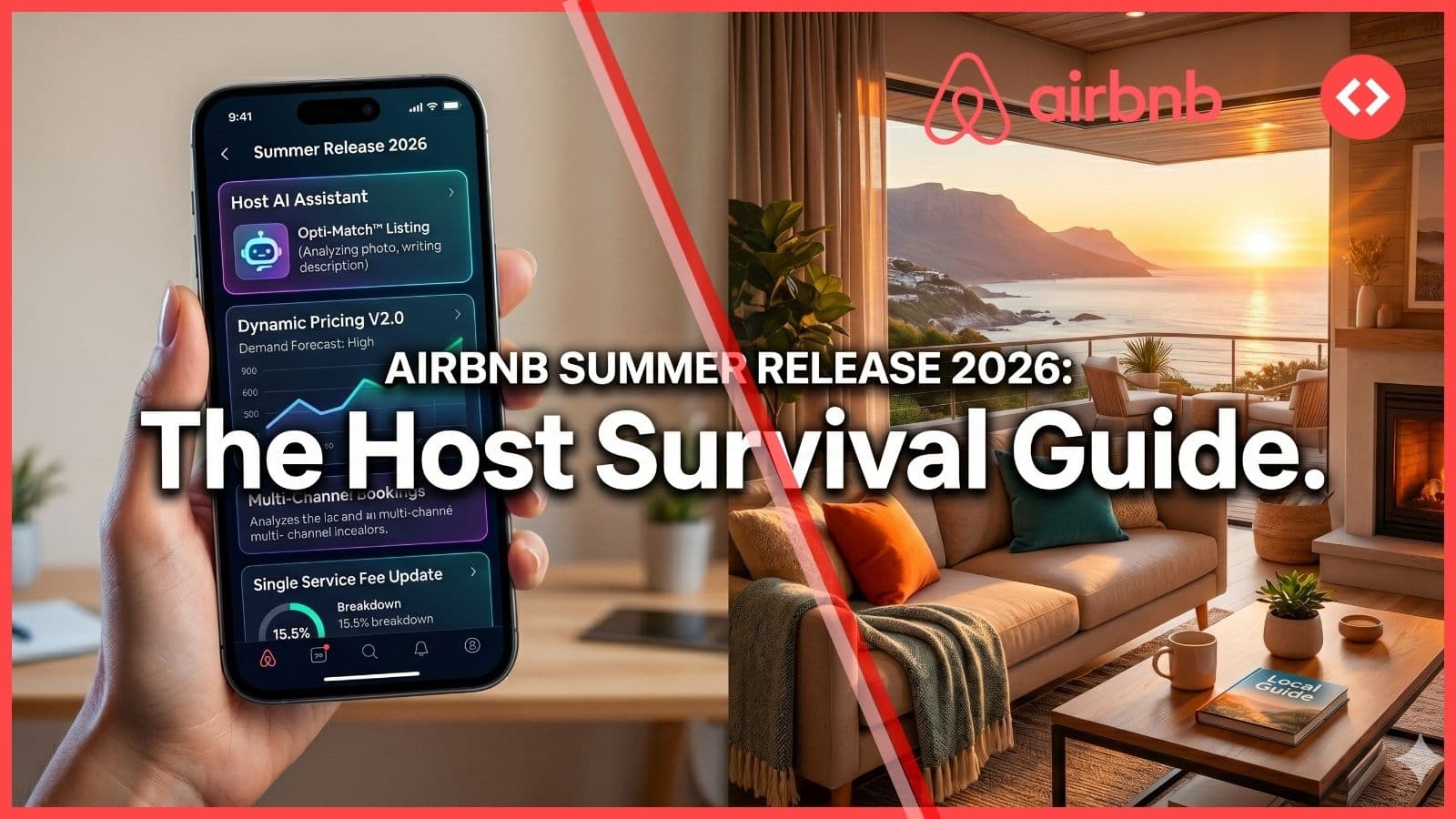 A split-panel featured image showing a modern Airbnb host dashboard (left) and a luxury vacation rental living room (right). Central text overlay reads: "AIRBNB SUMMER RELEASE 2026: The Host Survival Guide."
