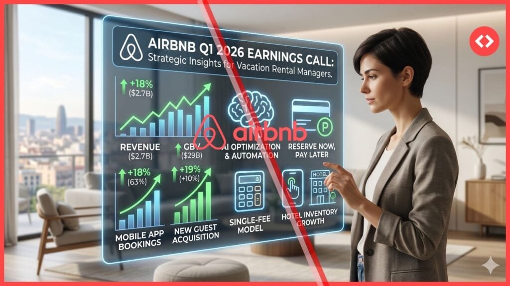 A property manager analyzing a digital data dashboard displaying key insights from Airbnb’s Q1 2026 Earnings Call, including revenue growth, AI optimization, and the new single-fee model.