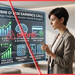 A property manager analyzing a digital data dashboard displaying key insights from Airbnb’s Q1 2026 Earnings Call, including revenue growth, AI optimization, and the new single-fee model.