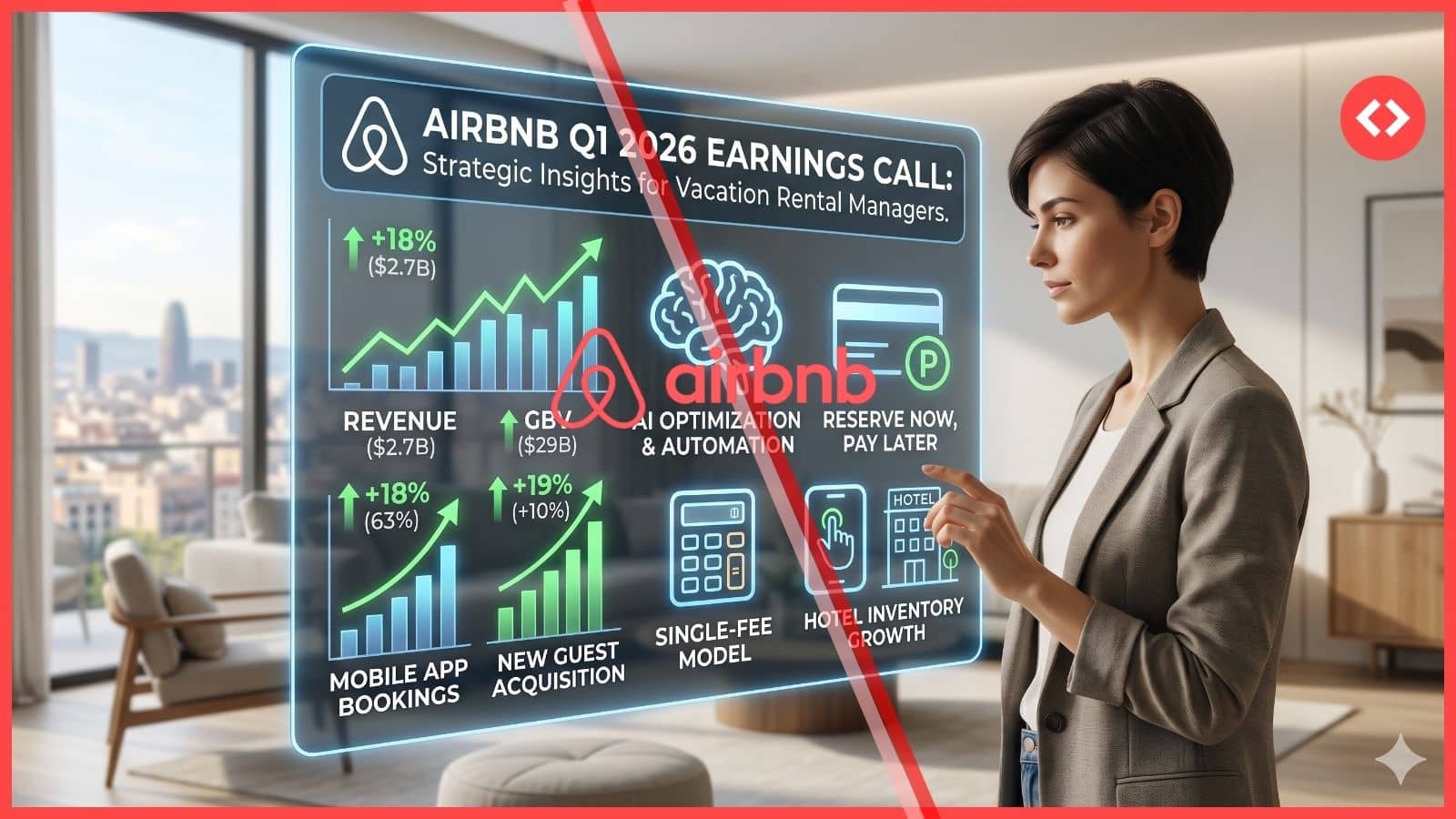 A property manager analyzing a digital data dashboard displaying key insights from Airbnb’s Q1 2026 Earnings Call, including revenue growth, AI optimization, and the new single-fee model.