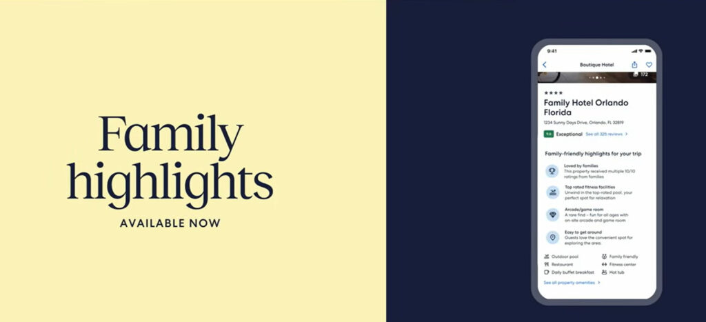 Vrbo Search Is Becoming Conversational. What That Means for Hosts 2 Expedia Family Highlights interface, showing why Vrbo listing optimization for family amenity tags is critical to surface in AI search results.