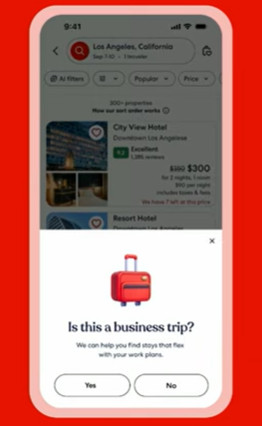 Vrbo Search Is Becoming Conversational. What That Means for Hosts 6 Mobile app popup asking 'Is this a business trip?', part of the new AI-driven Business Profiles matching feature by Expedia Group.