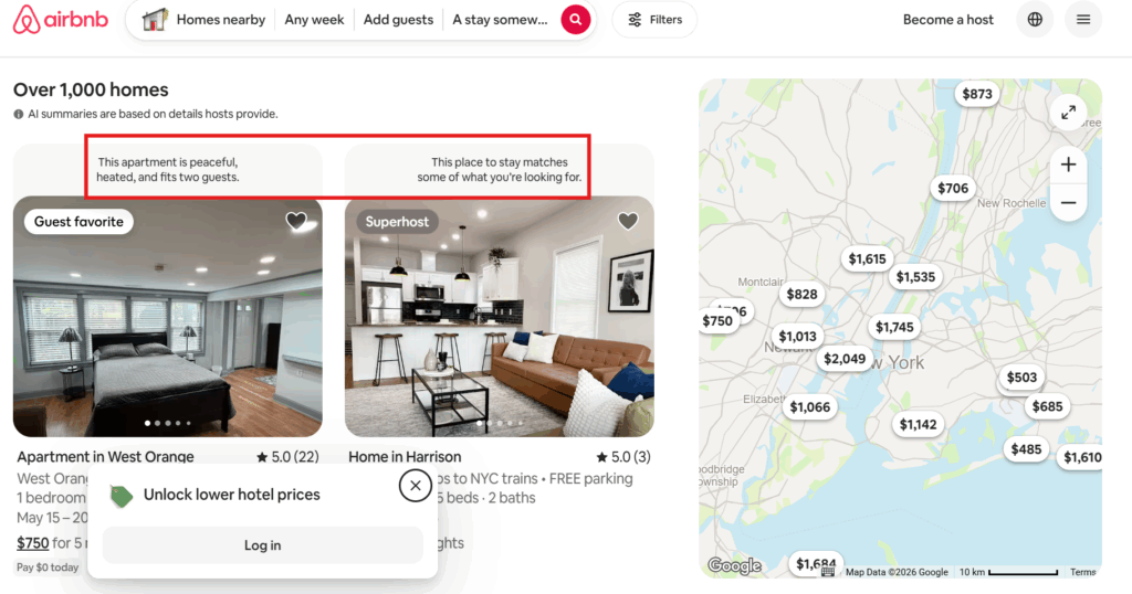 Screenshot of Airbnb search results in New York showing new AI-generated listing summaries above property cards. A red box highlights text reading, "This apartment is peaceful, heated, and fits two guests," demonstrating the shift toward Airbnb AI search and listing readability.