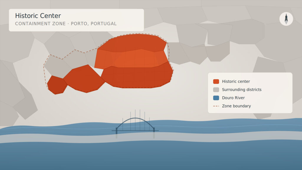 Porto Voids 1,413 Registrations, South Africa Weighs National Vacation Rental Rules, Hawaii Lets Counties Phase Out Tourist Stays 1 Infographic map of Porto, Portugal, showing the historic center containment zone in red along the Douro River, illustrating areas impacted by short-term rental laws 2026 where Alojamento Local licenses are restricted.