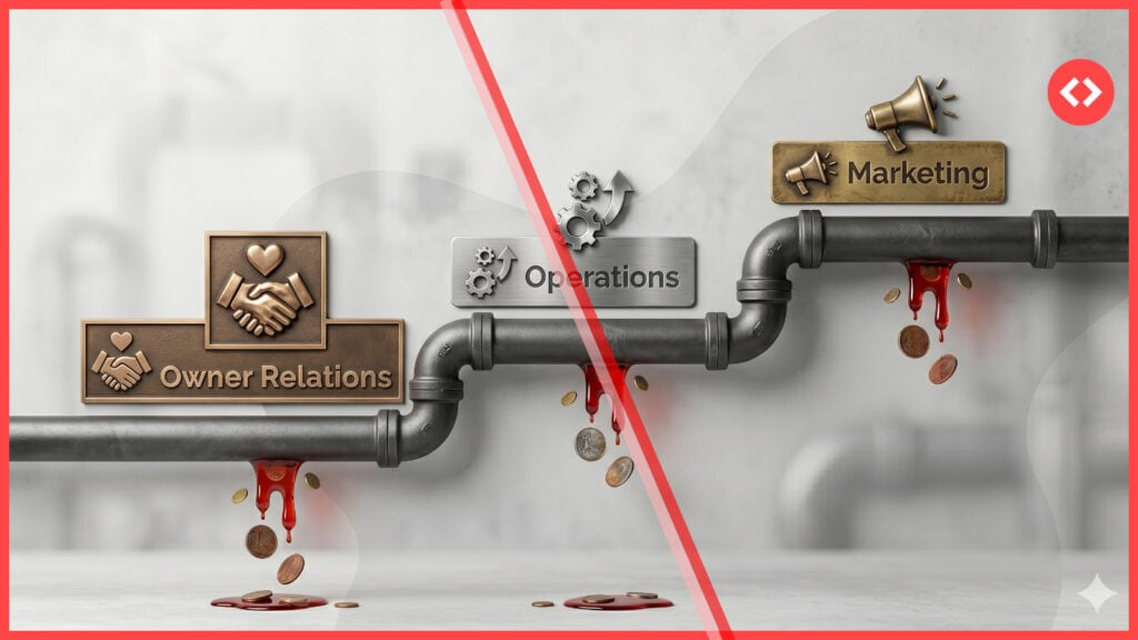 Leaking pipes labelled Owner Relations, Operations, and Marketing illustrating revenue leaks in vacation rental revenue management.