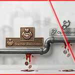 Leaking pipes labelled Owner Relations, Operations, and Marketing illustrating revenue leaks in vacation rental revenue management.
