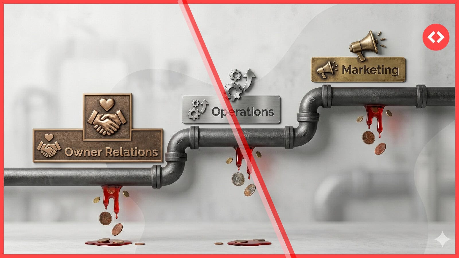 Leaking pipes labelled Owner Relations, Operations, and Marketing illustrating revenue leaks in vacation rental revenue management.