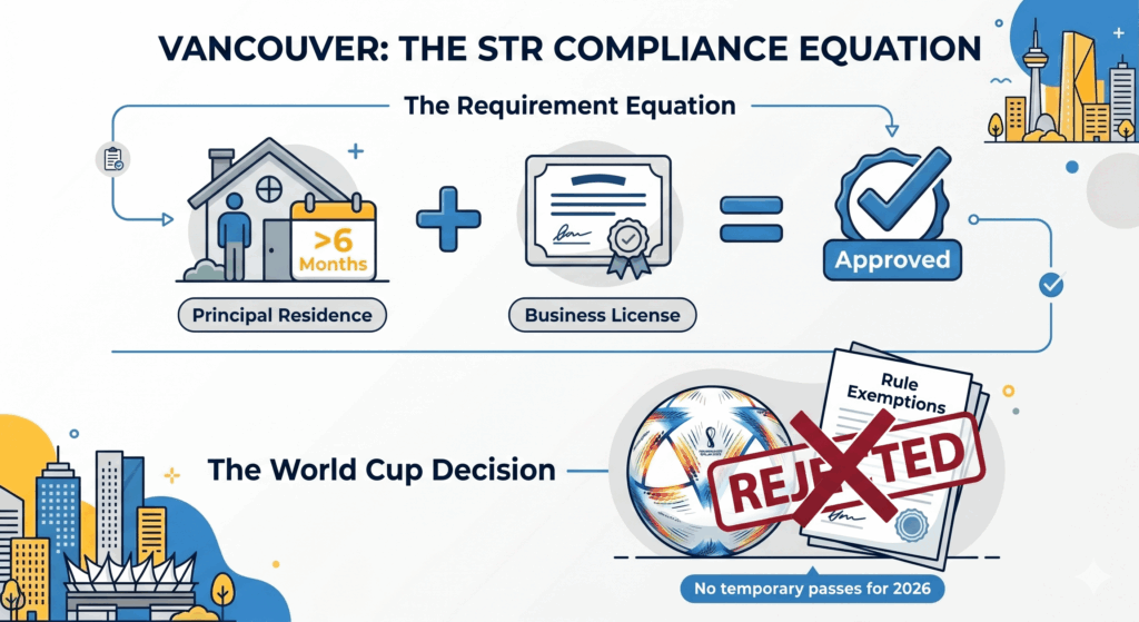 Infographic explaining Vancouver vacation rental regulations: principal residence plus business license, and no World Cup passes.