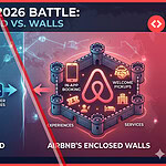 Visual representation of Vrbo Expedia Strategy 2026 — Vrbo inventory distributed across an Expedia-led grid versus Airbnb's walled app ecosystem