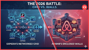 Visual representation of Vrbo Expedia Strategy 2026 — Vrbo inventory distributed across an Expedia-led grid versus Airbnb's walled app ecosystem