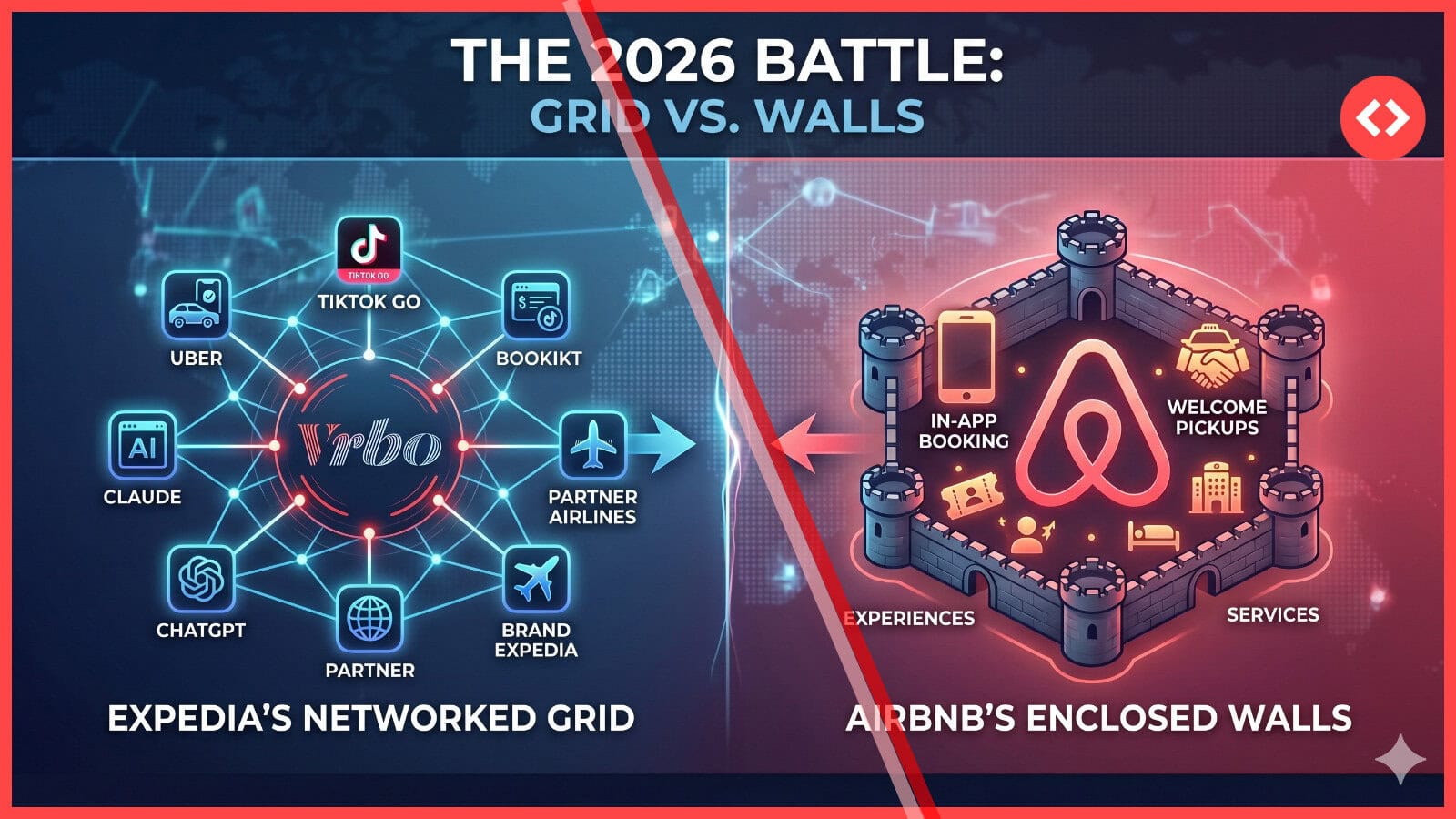 Visual representation of Vrbo Expedia Strategy 2026 — Vrbo inventory distributed across an Expedia-led grid versus Airbnb's walled app ecosystem