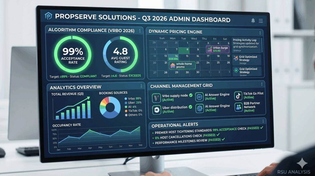 Vrbo vs. Airbnb Is the Wrong Frame for 2026. It's Expedia's Grid vs. Airbnb's Walls 2 Professional property management software dashboard displaying the 99% acceptance rate and multi-channel grid integrations required to succeed under the Vrbo Expedia Strategy 2026.