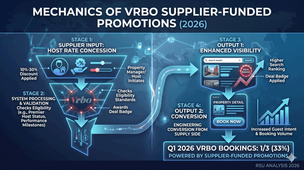 Vrbo vs. Airbnb Is the Wrong Frame for 2026. It's Expedia's Grid vs. Airbnb's Walls 1 Infographic detailing the mechanics of supplier-funded promotions as a key component of the Vrbo Expedia Strategy 2026, showing how host rate concessions lead to enhanced search visibility and conversions.
