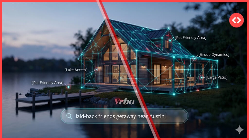 A modern lakehouse with a digital grid overlay showing structured data tags, illustrating Vrbo listing optimization for AI conversational search queries.