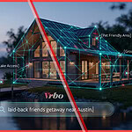A modern lakehouse with a digital grid overlay showing structured data tags, illustrating Vrbo listing optimization for AI conversational search queries.