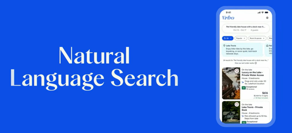 Vrbo Search Is Becoming Conversational. What That Means for Hosts 1 Vrbo Natural Language Search interface displaying a conversational AI query for a pet-friendly lake house near Austin, highlighting the need for Vrbo listing optimization.