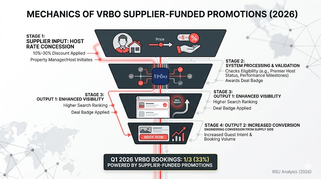 Flowchart illustrating the mechanics of Vrbo supplier-funded promotions in 2026, showing how host rate concessions lead to a deal badge, enhanced search visibility, and increased booking conversions.