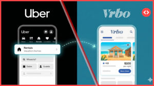 Vrbo Uber integration showing vacation rental listings accessible via the Uber app